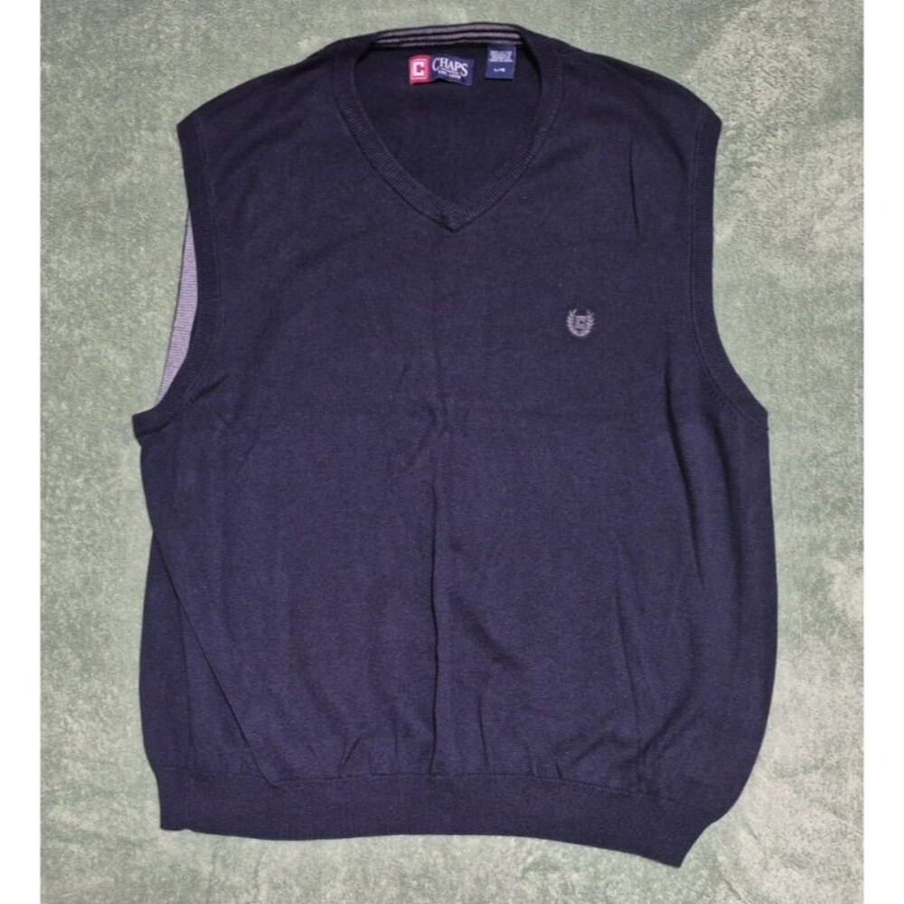 Chaps Mens V-Neck Sweater Vest Navy Size Large 100% Cotton Sleeveless w\ Logo